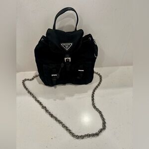 Prada Black Nylon Mini Backpack with Silver Chain Strap